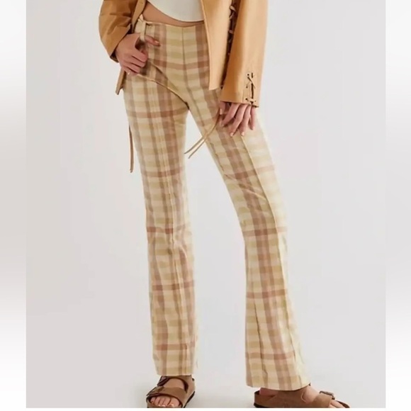 FREE PEOPLE THE WAY YOU MOVE NEUTRAL PLAID LINEN FLARE PANTS SIZE 10 NWT - Picture 1 of 11